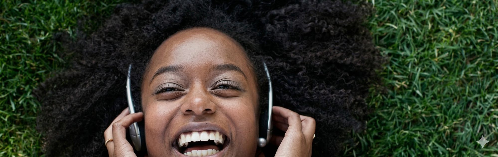 Person lying on grass listening to audio with headphones